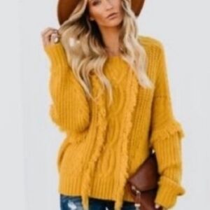 Fate Womens Mustard Yellow Boho Fringe Oversized Cable Knit Sweater sz L
